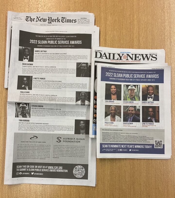 New York Daily News and the The New York Times with full-page ads celebrating the achievements of the 2021 Sloan Public Service Award Winners