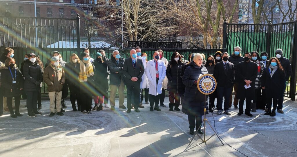 Senator Kirsten Gillibrand holds press conference in front of Bellevue Hospital