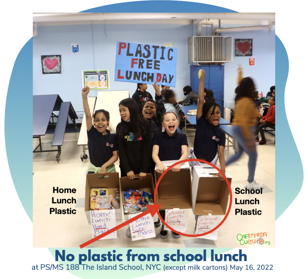 Students from Cafeteria Culture’s program at PS 188 The Island School, celebrating on May 16, 2022, after the first NY City-wide Plastic Free Lunch Day.